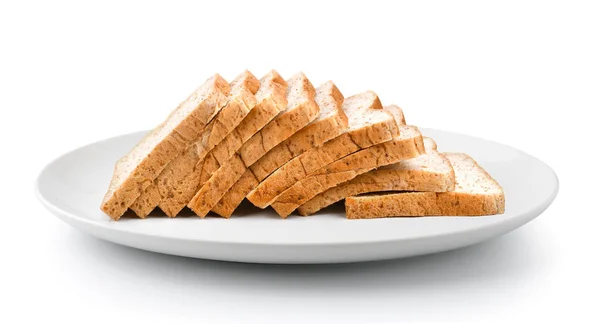Ψωμί Φέτες Ένα Πιάτο Που Απομονώνονται Λευκό Φόντο — Φωτογραφία Αρχείου