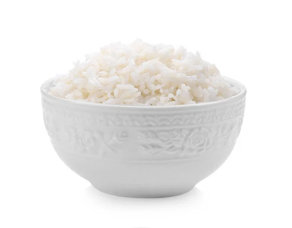 Reis Einer Weißen Schüssel Auf Weißem Hintergrund — Stockfoto