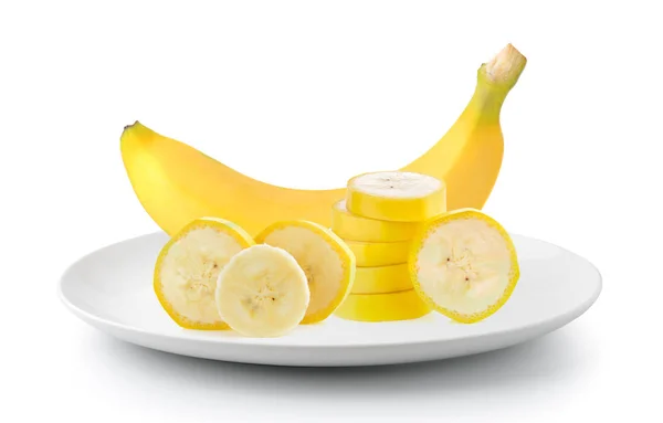 Banane Einem Teller Isoliert Auf Weißem Hintergrund — Stockfoto