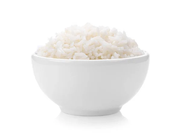 Arroz Tigela Branca Fundo Branco — Fotografia de Stock