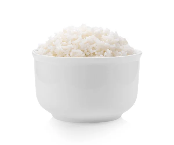 Ρύζι Λευκό Μπολ Λευκό Φόντο — Φωτογραφία Αρχείου