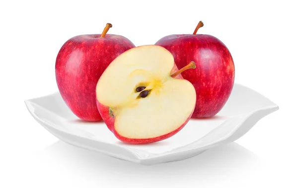 Rött Äpple Keramiska Plattan Vacker Form Vit Bakgrund — Stockfoto