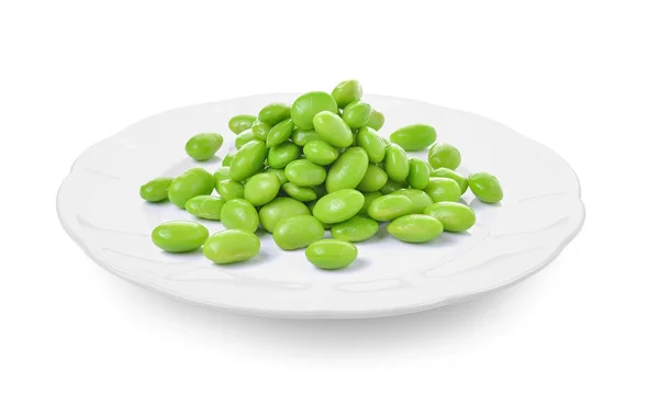 Grüne Sojabohnen Teller Auf Weißem Hintergrund — Stockfoto