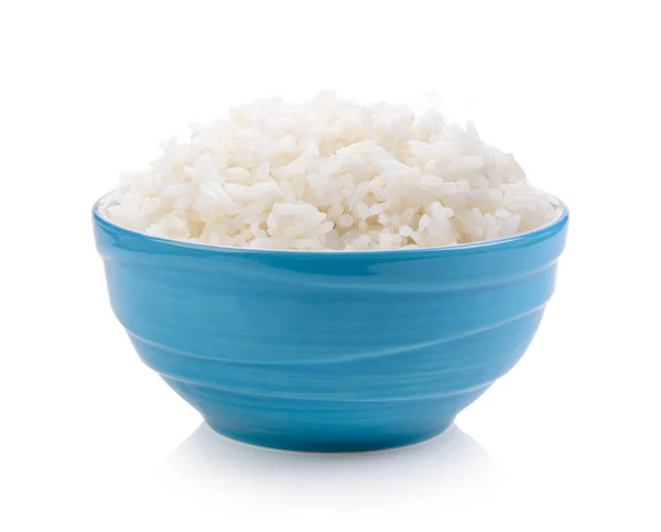 Ρύζι Μπλε Μπολ Λευκό Φόντο — Φωτογραφία Αρχείου