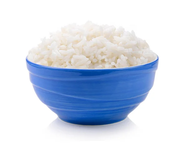 Arroz Tigela Azul Fundo Branco — Fotografia de Stock