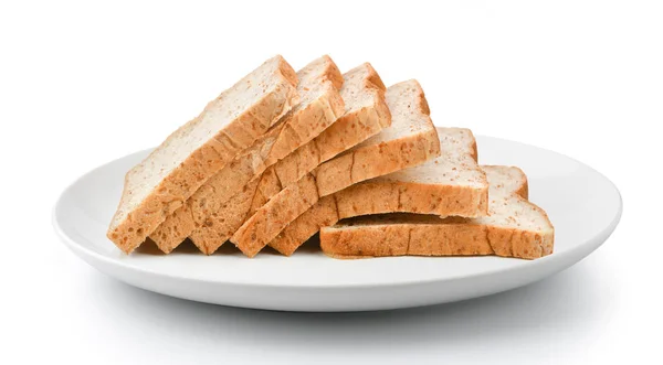 Beyaz Arka Planda Izole Edilmiş Tabaktaki Dilimlenmiş Ekmek — Stok fotoğraf