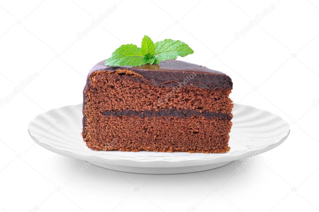 piece of chocolate cake in white plate on white background