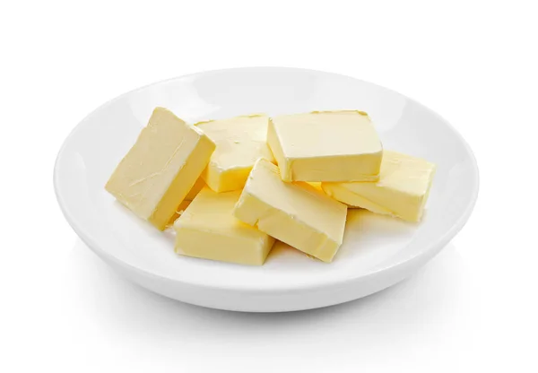 Manteiga Placa Sobre Fundo Branco — Fotografia de Stock