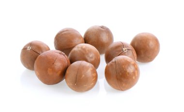 Beyaz arka planda izole edilmiş Macadamia fındıkları.