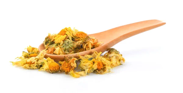 Dried Chrysanthemum Flowers Wood Spoon — Stock Photo, Image