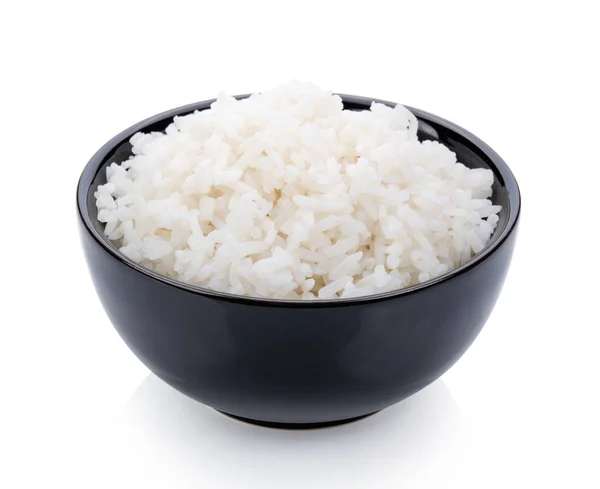 Fogão Arroz Uma Tigela Preta Fundo Branco — Fotografia de Stock