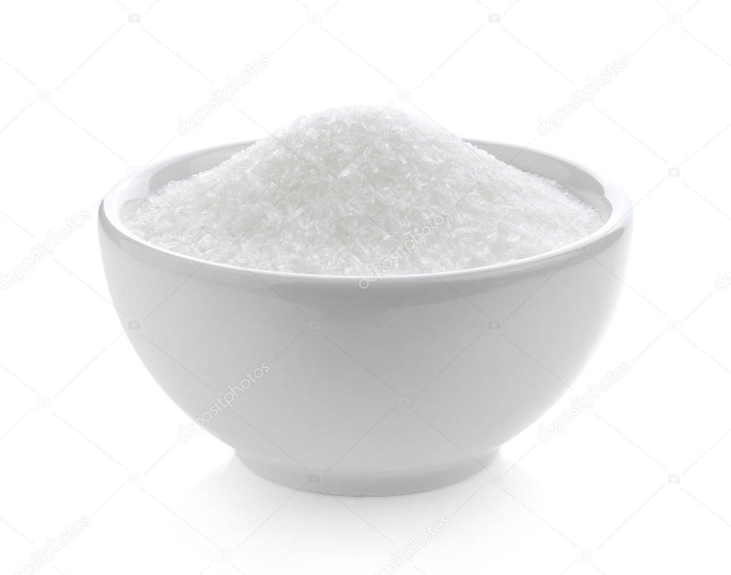 monosodium glutamate in bowl on white background