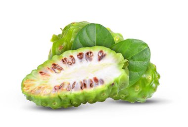 Beyaz arkaplanda yaprak olan Noni