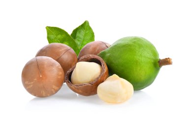 Beyaz arka planda yaprağı olan Macadamia fındıkları.