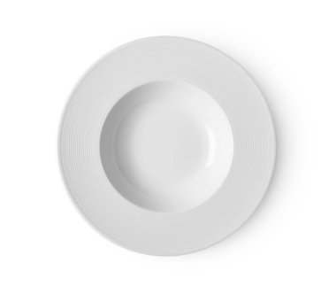 Beyaz arka planda izole edilmiş boş seramik yuvarlak tabak. en üstteki görünüm