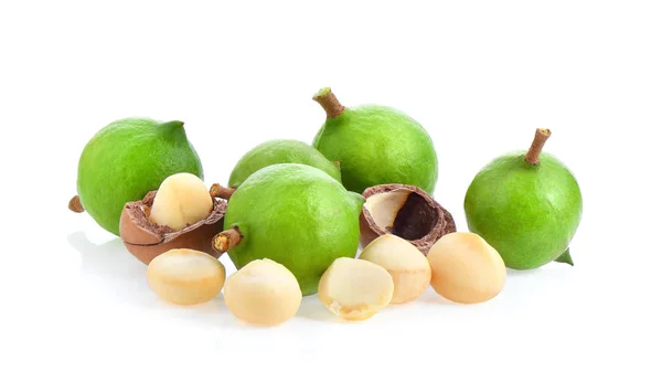 Macadamia nuts with leaf isolated on white background. — Stock Photo, Image