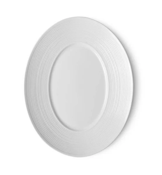 Bílý talíř na bílém pozadí. pohled shora — Stock fotografie