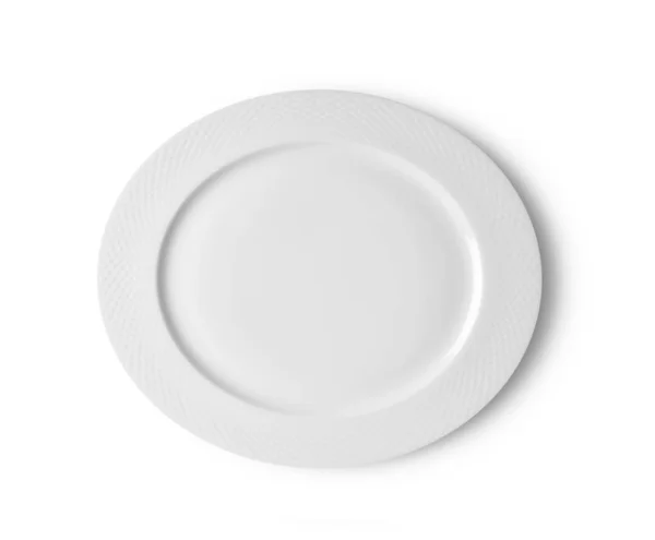 Bílý talíř na bílém pozadí. pohled shora — Stock fotografie