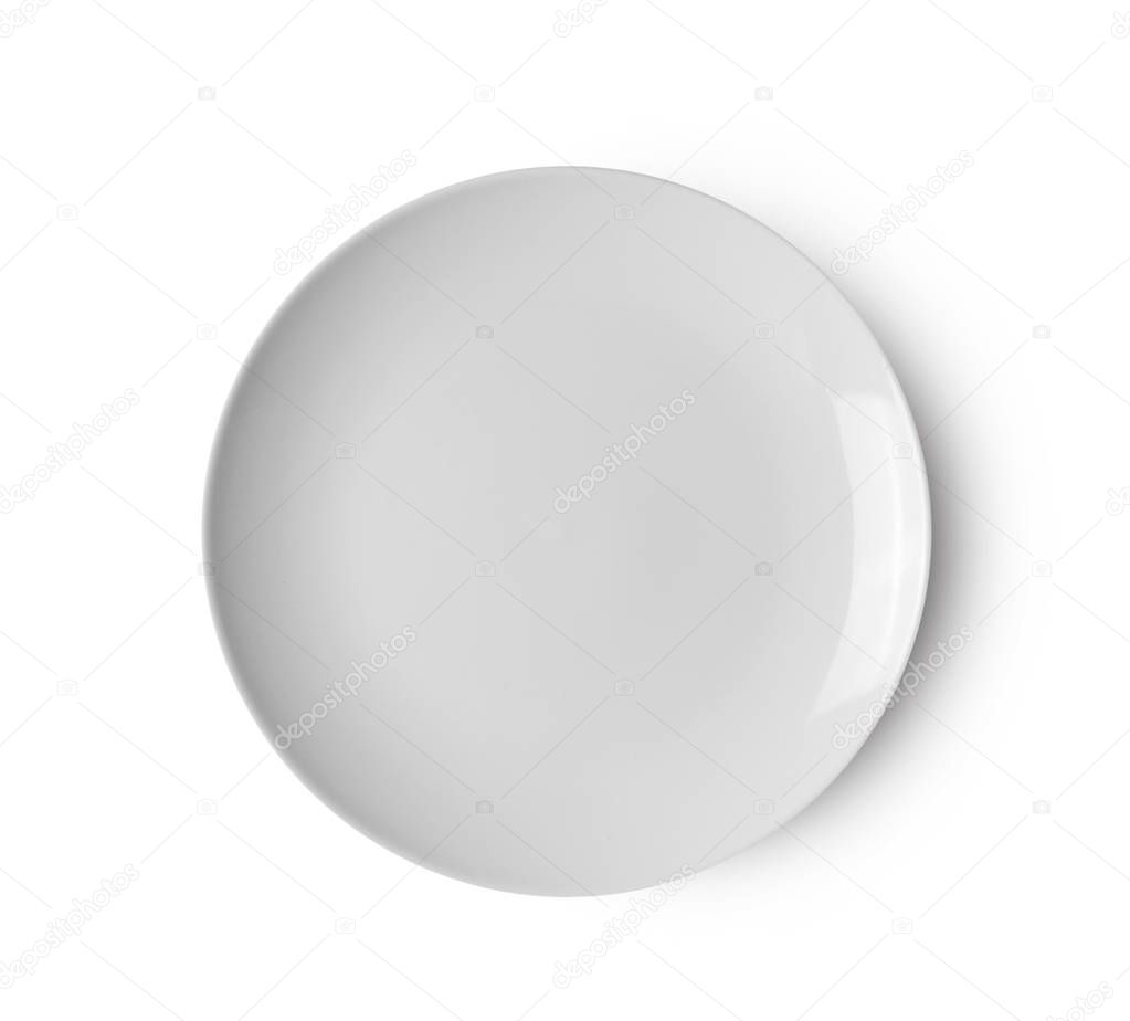 Empty ceramic round plate isolated on white backgroud. top view