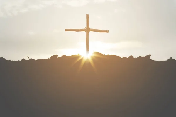 Cruzamento Cruzado Jesus Cristo Uma Silhueta Montanha Com Fundo Pôr — Fotografia de Stock