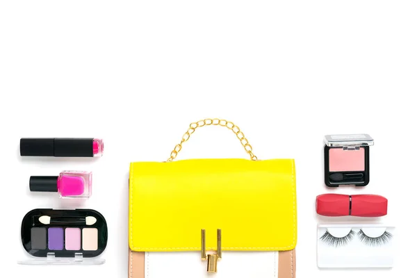 Yellow Handbag Woman Accessories Sunglasses Lipstick Blush Scrunchy Brushes Isolated — Stock Photo, Image