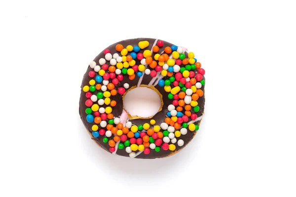 Classic Chocolate Donut Decorated Colorful Sprinkles Isolated White Background Flat — Stock Photo, Image