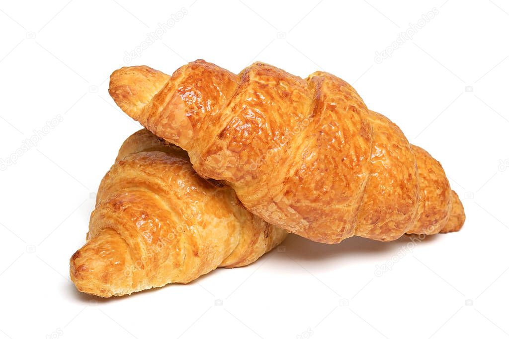 Fresh french croissants with chocolate isolated on white background Continental morning breakfast Top view Flat lay.