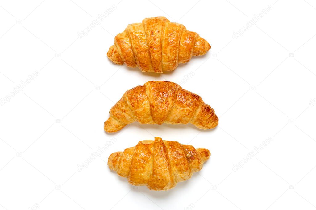 Fresh french croissants with chocolate isolated on white background Continental morning breakfast Top view Flat lay.