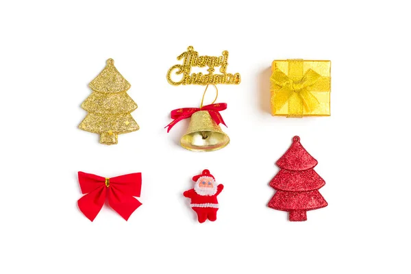 Composition Red Golden Gift Boxes Bell Bow Ball Decorations Santa — Stock Photo, Image