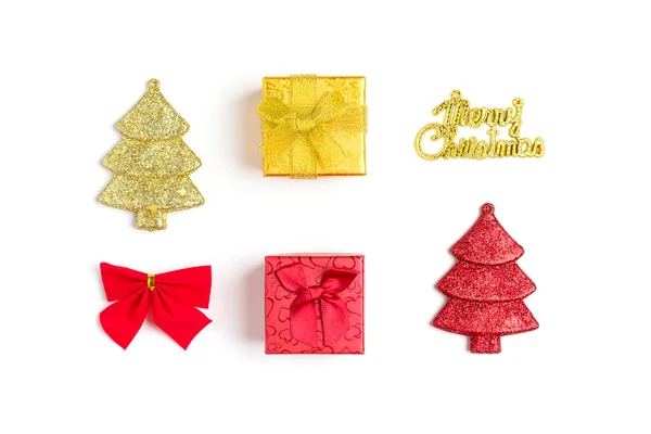 Composition Red Golden Gift Boxes Text Merry Christmas Bow Tree — Stock Photo, Image