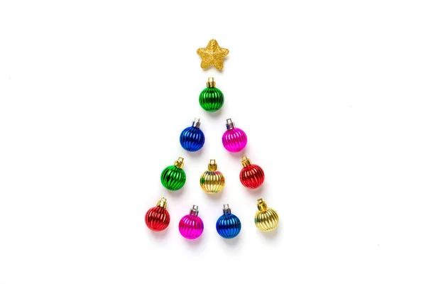 Creative Christmas Tree Made Colorful Bauble Golden Star Decoration Isolated — Stock Photo, Image