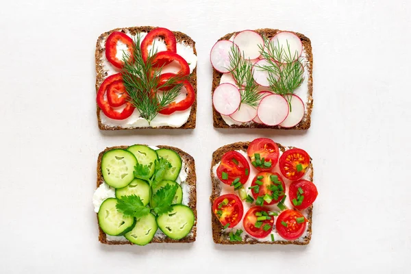 Variety Sandwiches Breakfast Slice Whole Grain Dark Bread Pepper Cream — Stock Photo, Image