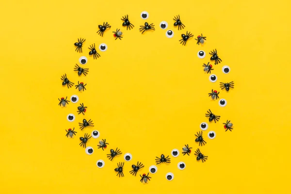 Quadro Redondo Aranhas Moscas Pretas Olhos Googly Fundo Amarelo Visão — Fotografia de Stock