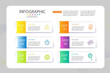 Tasarım Iş şablonu 6 seçenekleri veya adımlar İnfografik grafik öğesi sunumlar için yer tarihi ile, Creative Marketing simgeler kavramı için istatistik Infographic, vektör eps10.