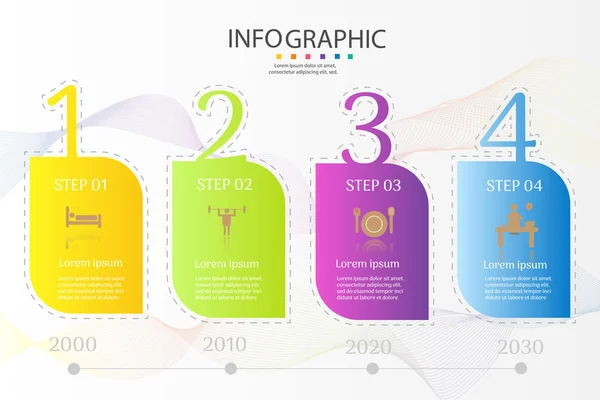 Tasarım Iş şablonu 4 seçenekleri veya adımlar İnfografik grafik öğesi sunumlar için yer tarihi ile, Creative Marketing simgeler kavramı için istatistik Infographic, vektör eps10.