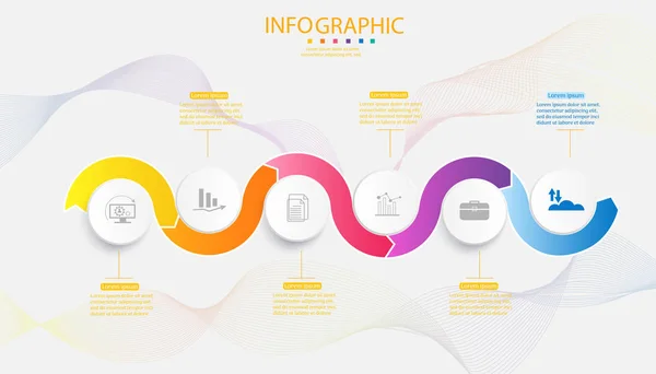 Tasarım Iş şablonu 6 seçenekleri veya adımlar İnfografik grafik öğesi sunumlar için yer tarihi ile, Creative Marketing simgeler kavramı için istatistik Infographic, vektör eps10.