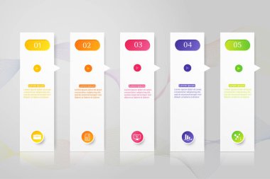 Tasarım İş şablonu 5 seçenekleri veya sunumlar için yer tarihi ile adımlar infografik grafik öğesi, Istatistik infografik için Yaratıcı pazarlama simgeleri kavramı, Vektör Eps10.