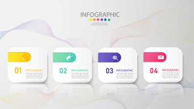 Tasarım Iş şablonu 4 seçenekleri veya adımlar İnfografik grafik öğesi sunumlar için yer tarihi ile, Creative Marketing simgeler kavramı için istatistik Infographic, vektör eps10.