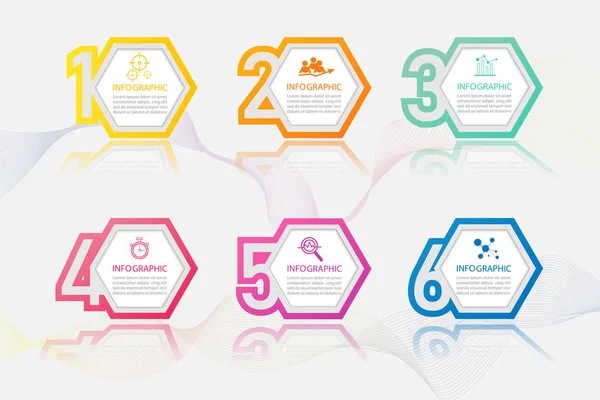 Tasarım Iş şablonu 6 seçenekleri veya adımlar İnfografik grafik öğesi sunumlar için yer tarihi ile, Creative Marketing simgeler kavramı için istatistik Infographic, vektör eps10.