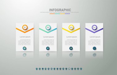 Tasarım Iş şablonu 4 seçenekleri veya adımlar İnfografik grafik öğesi sunumlar için yer tarihi ile, Creative Marketing simgeler kavramı için istatistik Infographic, vektör eps10.