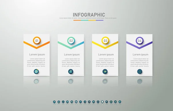 Tasarım Iş şablonu 4 seçenekleri veya adımlar İnfografik grafik öğesi sunumlar için yer tarihi ile, Creative Marketing simgeler kavramı için istatistik Infographic, vektör eps10.