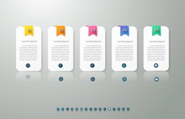 Tasarım İş şablonu 5 seçenekleri veya sunumlar için yer tarihi ile adımlar infografik grafik öğesi, Istatistik infografik için Yaratıcı pazarlama simgeleri kavramı, Vektör Eps10.