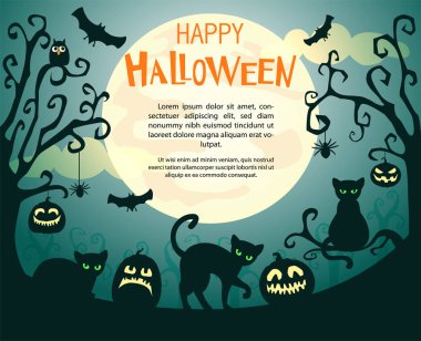 Halloween pumpkins, kediler, örümcekler, yarasalar ve metin mutlu Halloween dolunay karşı ile arka plan. Vektör çizim. 