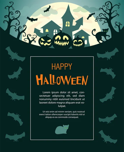 Fond Halloween Avec Citrouilles Chat Lune Chauves Souris Texte Joyeux — Image vectorielle