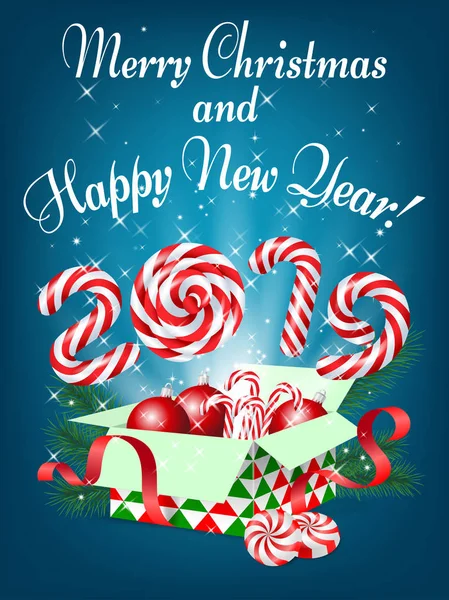 Neşeli Noel ve mutlu yeni yıl 2019 tebrik kartı, vektör çizim.