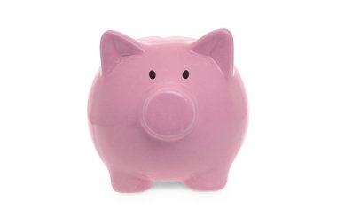 Beyaz arka plan üzerinde seramik pembe kumbara