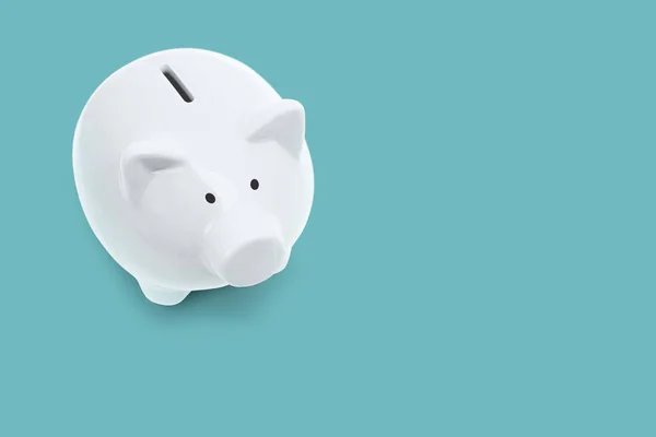 Keramische Witte Piggy Bank Blauwe Achtergrond — Stockfoto