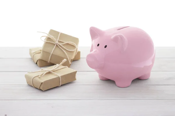 Ceramic Pink Piggy Bank Gift Boxes White Background — Stock Photo, Image