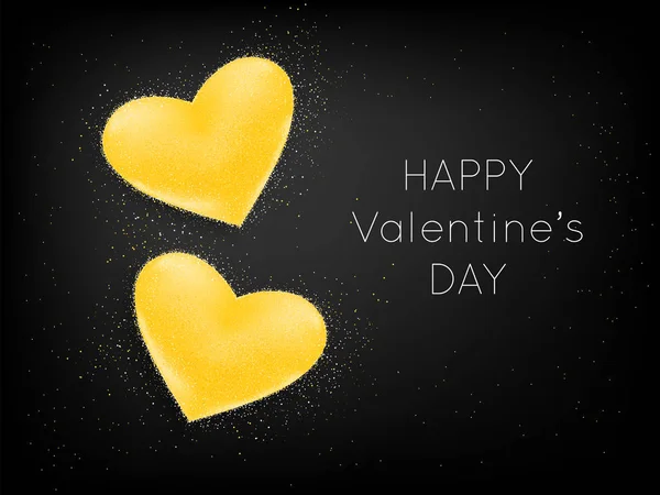 Поздравительная открытка на день святого Валентина с золотыми сердцами и блестками на черном фоне — стоковый вектор