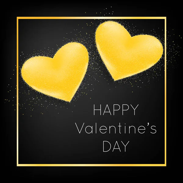 Поздравительная открытка на день святого Валентина с золотыми сердцами и блестками на черном фоне — стоковый вектор